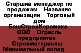 Старший менеджер по продажам › Название организации ­ Торговый дом БашСтройКерамика, ООО › Отрасль предприятия ­ Стройматериалы › Минимальный оклад ­ 37 500 - Все города Работа » Вакансии   . Тверская обл.,Нелидово г.